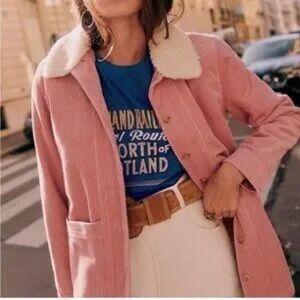 Sezane Pink Teddy Jacket with Faux Fur Collar and Cozy Fabric